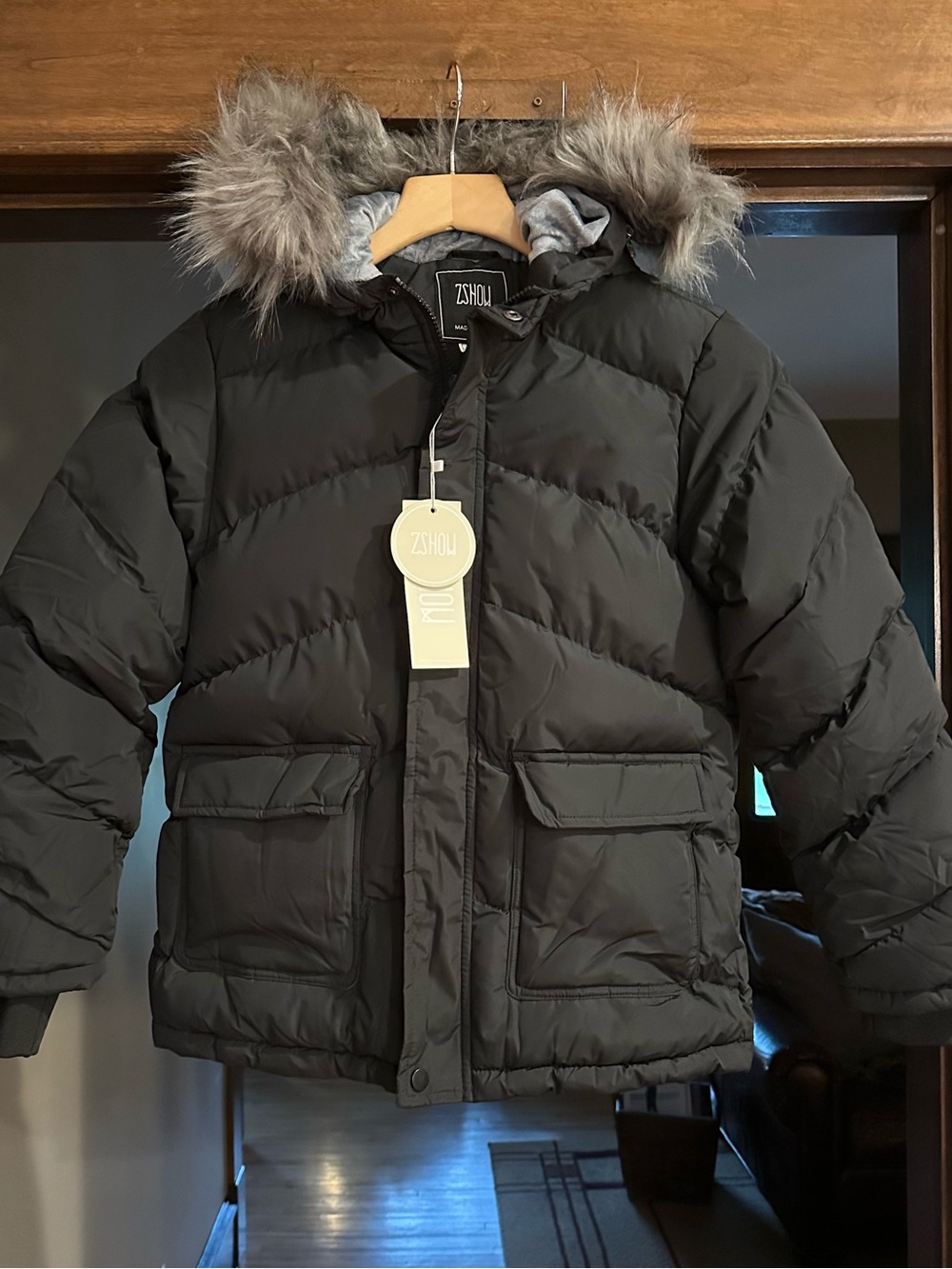 Kids' Black Puffer Jacket with Faux Fur Hood, Size 10/12 (M)